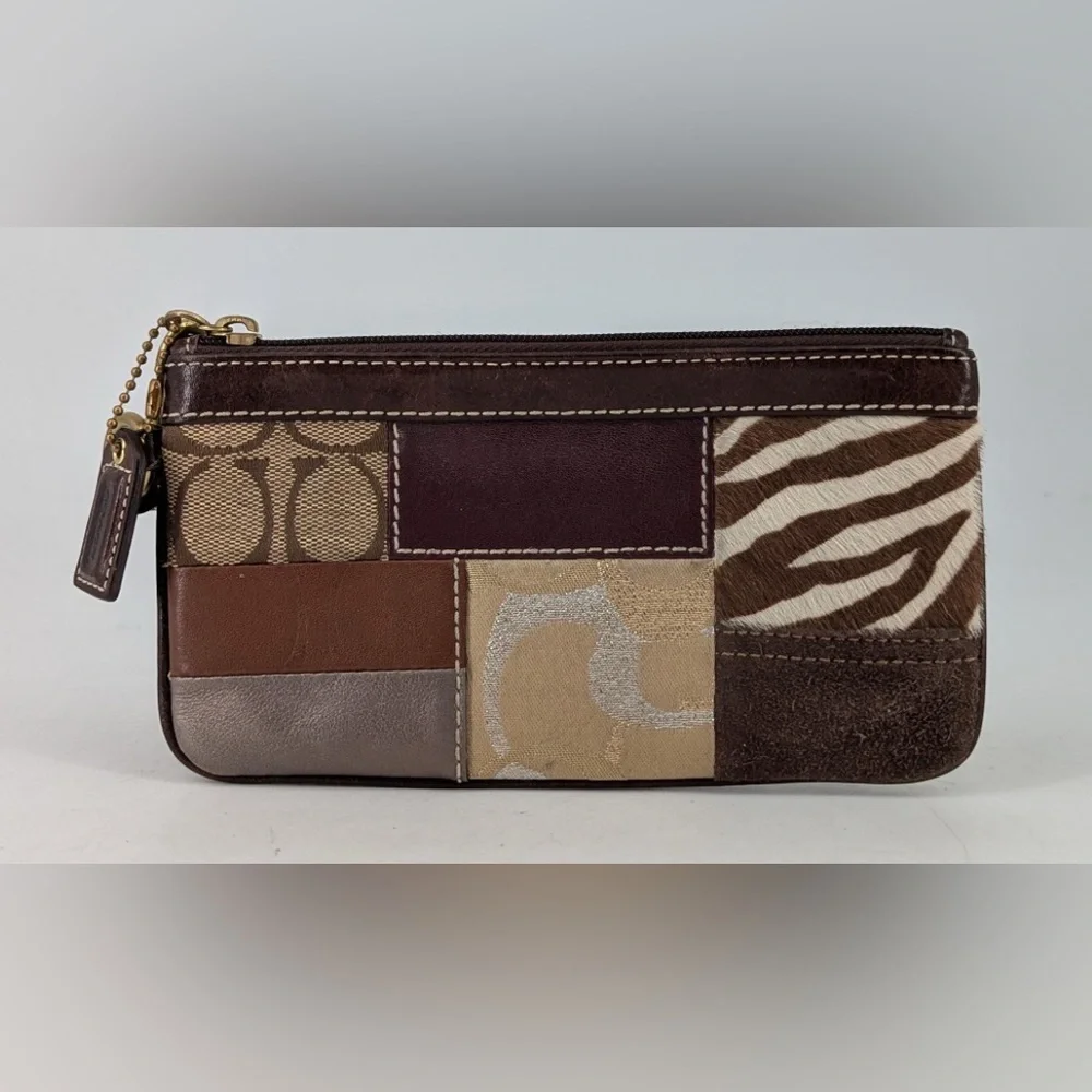 Coach Patchwork Signature Canvas Leather Brown Wristlet Clutch Pouch - Picture 1 of 7